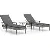 vidaXL Sonnenliegen 2 Stk. mit Tisch und Auflagen Grau Poly Rattan