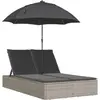 vidaXL Doppel-Sonnenliege mit Kissen & Schirm Hellgrau Poly Rattan
