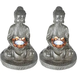 2er Set LED Solarleuchte BUDDHA in grau