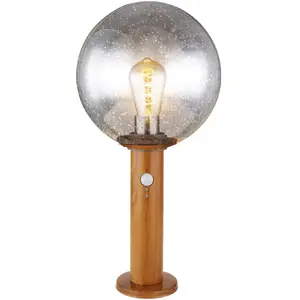 LED Sockellampe, Glaskugel, Holzoptik, Bewegungsmelder, H 38 cm