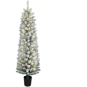HOMCOM Schneebesprühter Weihnachtsbaum mit 150 LED-Lichtern, 150 cm, 8 Modi, 250 Zweige, Topfständer, Grün und Weiß   Aosom