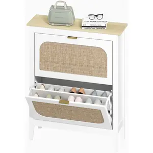 HOMCOM Schuhschrank Estrecho mit 2 Türen aus Rattan Schuhschrank Flur mit verstellbaren Regalen für 14 Paare Schuhe 80x24x95,5 cm Weiß Aosom günstig