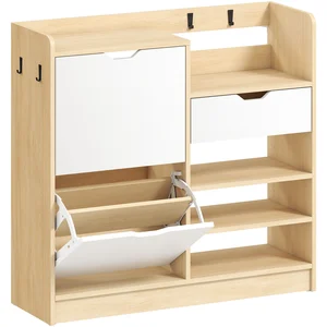 HOMCOM Schmaler Schuhschrank mit 2 Türen, Schuhschrank für Diele/Flur mit verstellbaren Ablagen, Schublade, offene Fächer, 4 Haken, für 14 Paar Schuhe, 93x30x90 cm, Natur und Weiß Aosom günstig