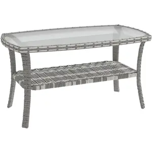 Outsunny Gartentisch aus Rattan mit Ablage, rechteckiger Beistelltisch, gewellte gehärtete Glasplatte, Stahlgestell, für Terrasse, Patio, 90x50x45 cm, Dunkelgrau Aosom günstig