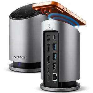 Axagon HMC-WL9 USB-C 10Gbps-Dockingstation mit 15 W kabellosem Laden 9in1, Kabelgebunden, USB 3.2 Gen 2 (3.1 Gen 2) Type-C, 100 W, 1.4/2.3, 10,100,1000 Mbit/s, Grau