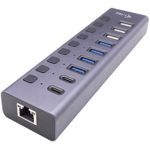 i-tec USB-A/USB-C Charging HUB 9port with LAN + Power Adapter 60 W, USB 2.0 Type-C, RJ-45, USB 2.0, USB 3.2 Gen 1 (3.1 Gen 1) Type-A, USB 3.2 Gen 1 (3.1 Gen 1) Type-C, USB Typ-C, 5000 Mbit/s, Grau, 1 m, Gigabit Ethernet