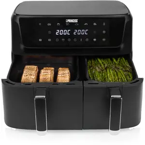 Princess Doppelkorb Heißluftfritteuse mit Digitaldisplay, 11 L Gesamtv...