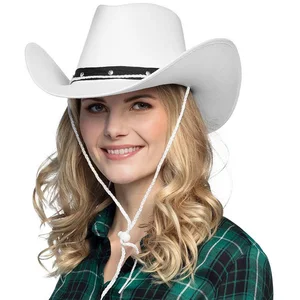 Boland Cowboy-Kostüm Cowboyhut Wichita weiß eleganter Westernhut mit Kordel Damen Herren, Klassisches Western-Design mit breiter Krempe günstig