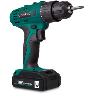 Vonroc Akku-Bohrmaschine 16V | Inkl. 1,5Ah Akku, Schnellladegerät, 2 S...