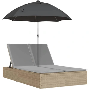 vidaXL Doppel-Sonnenliege mit Kissen & Sonnenschirm Beige Poly Rattan günstig