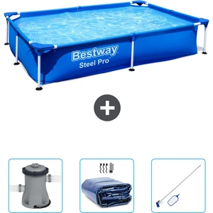 Bestway rechteckiger Steel Pro-Schwimmbecken   221 x 150 x 43 cm   Blau   im Lieferumfang enthalten Pumpe - Sonnensegel - Reinigungskit