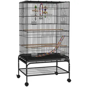 PawHut Vogelkäfig 110 cm, Voliere für Wellensittiche, Nymphensittiche, Kanarien, Unzertrennliche, Finken mit Rollen, 4 Futterbehälter, Spielzeug, herausziehbares Tablett, Ablage, Schwarz   Aosom günstig