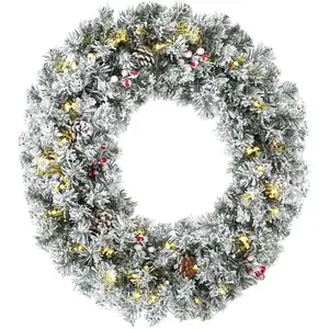 HOMCOM Schneebesetzte Weihnachtsgirlande 60 cm mit 8 LED-Modi, Tartan-Schleife, 140 Zweige, Zapfen und Beeren, Tür- und Fensterdekoration, Grün   Aosom