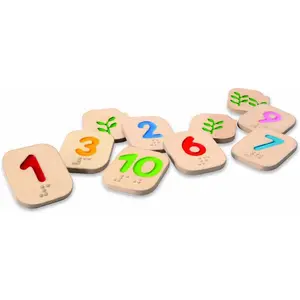 Plantoys Holz Blindenschrift Nummern 1-10 (Deutsch, Englisch, Französisch, Italienisch)