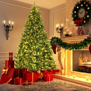 Costway Künstlicher Tannenbaum mit LED-Lichterketten Weihnachtsbaum Christbaum 210/225/240 cm Grün-240 cm