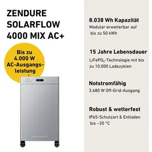 Zendure SolarFlow 4000 Mix AC+   8 kWh Heimspeicher | 4000 W | LiFePO4 | 0% MwSt. gemäß § 12 Abs. 3 UStG