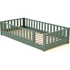 JURABABY - SONHO Kinder bodenbett aus holz - 90x190 - Salbeigrün | Mit abnehmbarer Barriere links oder rechts | Kinderbett mit Lattenrost günstig