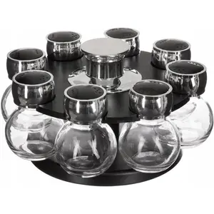 Secret de Gourmet 8x Gewürzdosen mit drehbarem Gewürzständer, Pfeffermühle + Salzmühle, Transparent, Schwarz
