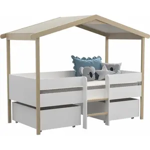 LEQUAIDESAFFAIRES Kinderbett Hausbett mit Schubladen - Lindenholz - 90 x 190 cm - Weiß & Eichefarben - SAROSI günstig