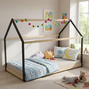 Hausbett PANDA mit Lattenrost / Kinderbett 90x190 cm - Naturholz und Schwarz günstig