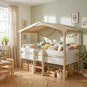 LEQUAIDESAFFAIRES HAUSBETT PILOTI MIT LATTENROST / Kinderbett 90x190 - Weiß und Naturholz günstig