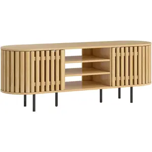 HOMCOM TV-Möbel 140 cm, TV-Schrank für Fernseher bis 152,4 cm, 2 Lamellentüren, 3 offene Fächer und Stahlfüße, TV-Bank für Wohn- und Schlafzimmer, Bois naturel Aosom günstig