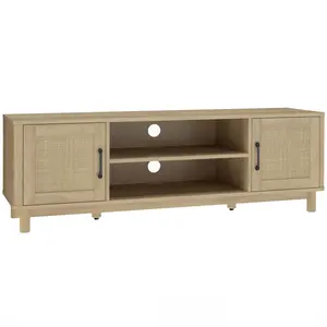 HOMCOM TV-Möbel 135 cm, TV-Möbel für Fernseher bis 165,1 cm mit 2 Rattan-Türen, 2 offenen Fächern, Boho-Stil, 6 Kiefernholzfüße, TV-Bank für Wohn- und Schlafzimmer, Eiche Aosom günstig