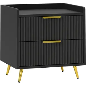 HOMCOM Nachttisch mit 2 gerillten Schubladen, goldfarbene Metallfüße, Nachtkästchen für Schlafzimmer, Wohnzimmer, 50 x 40 x 50 cm, schwarz Aosom günstig