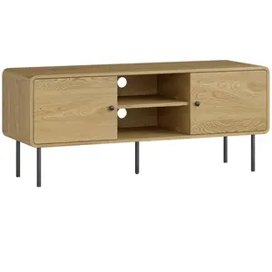 HOMCOM TV-Möbel 120 cm, TV-Ständer für Fernseher bis zu 140 cm mit abgerundeten Ecken, Kabeldurchlässen, 2 offenen Fächern, Stahlfüßen, modernes TV-Bank für Wohnzimmer, Schlafzimmer, Eiche Aosom günstig