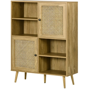HOMCOM Buffet Aufbewahrungsschrank hoher Stand aus Holz und Rattan mit 2 Türen 4 Fächern - Maße 90L x 32,5B x 120H cm   Aosom günstig