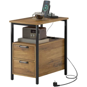 HOMCOM Beistelltisch, Nachttisch, mit 2 Steckdosen, USB-Anschluss, Typ C, 2 Schubladen und Regal, 143 cm Kabel, Metallrahmen, Naturholz Aosom günstig