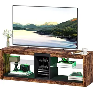 HOMCOM TV-Möbel mit LED-Lichtern und Fernbedienung, TV-Holzbank für Fernseher bis zu 65 Zoll mit offenen Regalen und Fächern, für Wohnzimmer Schlafzimmer, 140x35x47cm, braun Aosom günstig