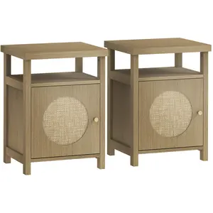 HOMCOM Set aus 2 schmalen Nachttischen, Beistelltisch mit offenem Fach und 1 Schrank, Rattan-Finish, Bohème-Stil, für Schlafzimmer, Wohnzimmer, 40 x 35 x 55 cm, braune Holzoptik Aosom günstig