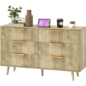HOMCOM Kommode 6 Schubladen Aufbewahrungsschrank im skandinavischen Stil mit Griffen und Kieferfüßen, Holzeffekt gerillt, Schlafzimmerkommode, Wohnzimmer, Flur - 120 x 40 x 76 cm, Eiche   Aosom günstig