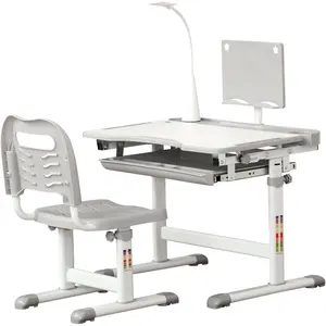 HOMCOM Kinder Schreibtisch mit Stuhl - Kinder Schreibtisch und Stuhl Set höhenverstellbar - Lampe, Leseständer, ausziehbares Tablett mit Mehrfachspeicherung - Grau Weiß Aosom günstig