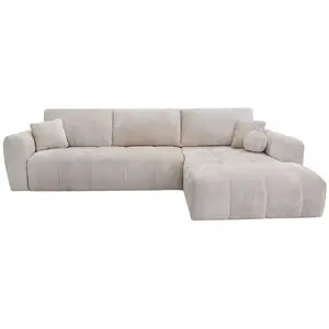 VENTE-UNIQUE Rechtsseitiges Ecksofa mit Express-Klappfunktion aus beigem Chenille-Stoff Liegefläche 140 cm 13 cm dicke Memory-Foam-Matratze BRIVANO günstig