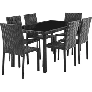 Sonstiges AKELA Outdoor-Essgruppe für 6: Rechteck-Tisch mit Sicherheitsglasplatte (5 cm) & 6 geflochtene Resin-Stühle, Schwarz Terrassen- & Gartenmöbel günstig