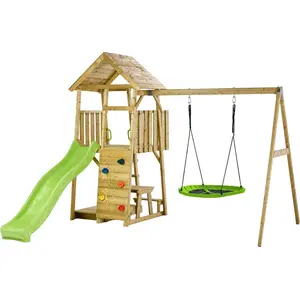 Kangui Spielbereich: Schaukel, Nest, Rutsche, Kletterwand, Sandkasten, WOODI-Tisch günstig