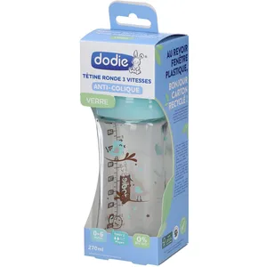 dodie® Flasche Initiation+ Glas 270 ml Anti-Kolik Rundsauger 3 Geschwindigkeiten Vögel 0-6 Monate 1 ct