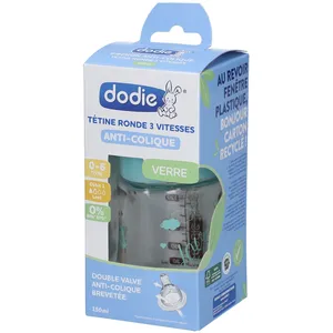 dodie® Flasche Initiation+ Glas 150 ml Anti-Kolik Rundsauger 3 Geschwindigkeiten Vögel 0-6 Monate 1 ct