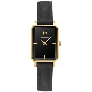 Rechteckige Quarzuhr für Damen, Edelstahl, Leder, Schwarz Gold, 28.4 x 21 mm günstig