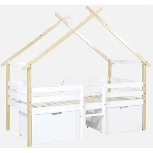 sweeek - Kinderbett 90 x 190 cm Kiefernholz inklusive Lattenrost und 2 Schubladen - Weiß günstig