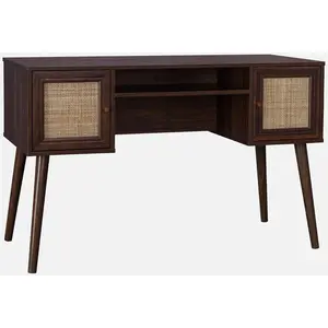 sweeek - Schreibtisch mit Holzdekor und Rattan-Geflecht 2 Türen - Dunkles Holz günstig