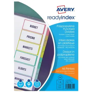 Avery, Ordner Zubehör, Intercalaires Readyindex, PP, 6 touches, A4 polypropylène transparent, touches couleur assorti günstig