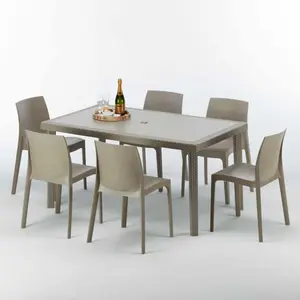 Polyrattan Tisch Rechteckig mit 6 Bunten Stühlen 150x90 Beige Marion günstig