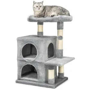 lionto Kratzbaum für Katzen 80 cm, mit 2 Höhlen, Liegebett & Spielball, Sisalstämme für Krallenpflege, hellgrau günstig