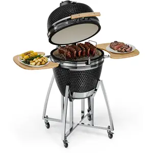 Klarstein Kamado-Grill - zum Grillen, langsamen Garen, Smoken oder Backen, abnehmbare Seitenteile, Keramik, Edelstahl, Bambus, Thermometer von 0-450 °C, 3 Rollen, 75 x 132 x 125 cm, schwarz