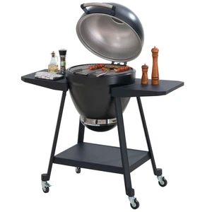 SUNJOY Kamado Grill & Smoker mit Pizzastein   Doppelwandiger Edelstahlgrill mit Slow-Roast, Thermometer und regulierbaren Drosselklappen