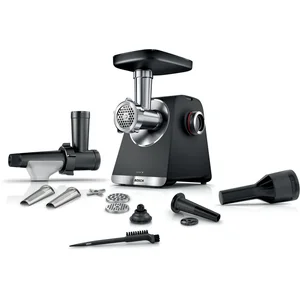 BOSCH Fleischwolf Serie 6 MFWS650B, 3,5kg/Min., 2 Lochscheiben (3 & 8mm), schwarz, 500 W, 2 Stufen, Rücklauf, Wurststopfer, 10 J Motorgarantie, Planetengetriebe