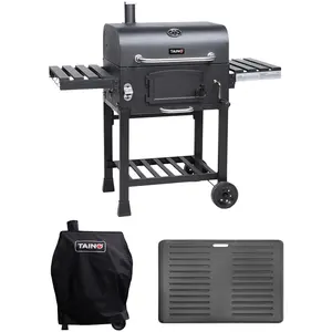 TAINO HERO XL Holzkohlegrill Set Abdeckhaube Grillplatte Smoker Grillwagen BBQ